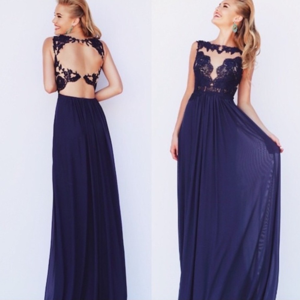 SHERRI HILL 5207 Navy Blue Lace Illusion Open Back Gown Size‎ 6